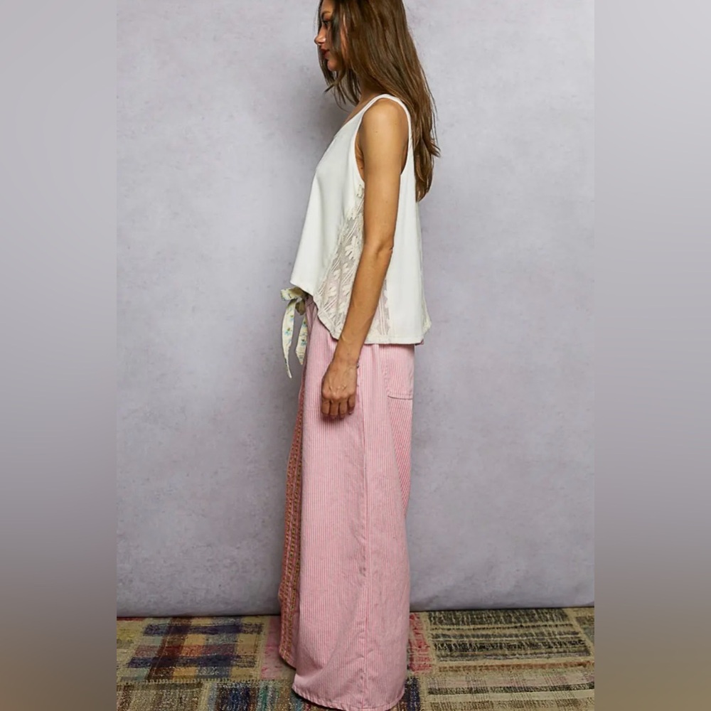 NEW Pol Double Gauze Lace Floral Trim Buckle Back Pants Drawstring Pink Stripe - Picture 10 of 12